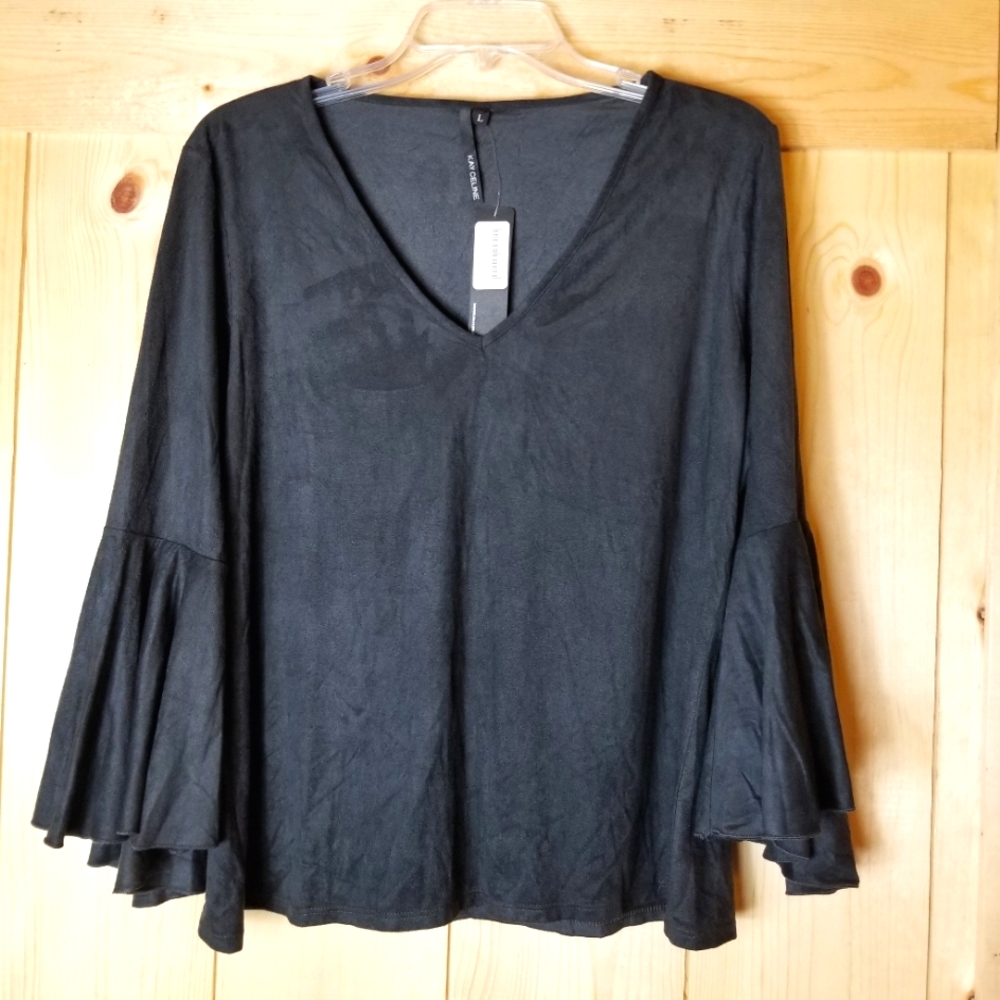 Kay Celine Holly Trumpet Sleeve Faux Suede V-Neck Shirt NWT